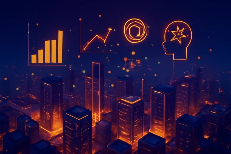 O que é Ciência de Dados e Inteligência Artificial? Imagem abstrata com nós de rede e fluxos de dados interconectados.