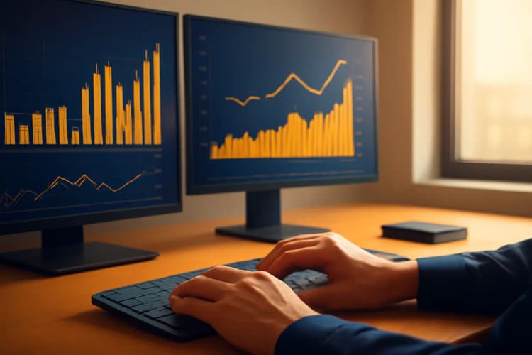 Analista de dados e inteligência artificial trabalhando em um escritório moderno com gráficos e telas.