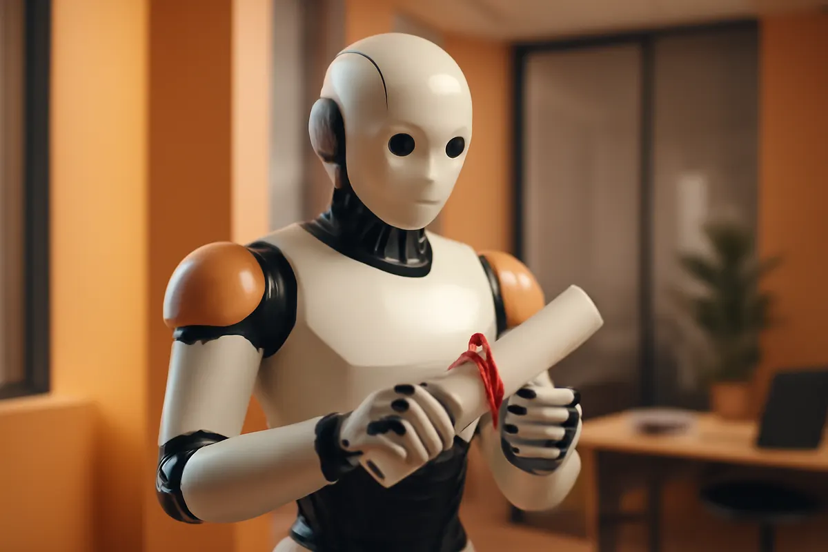 O que é a Pós-Graduação em Inteligência Artificial? Um diploma sendo segurado por um robô humanoide.