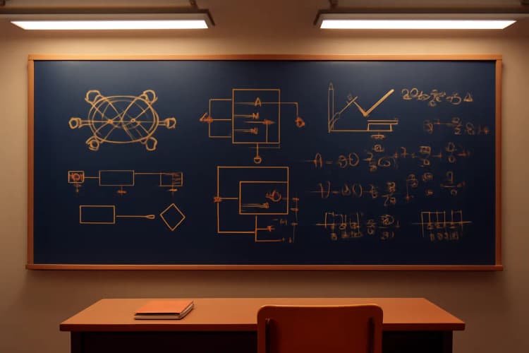 Principais cursos de Inteligência Artificial: um quadro branco com fluxogramas e equações de IA.