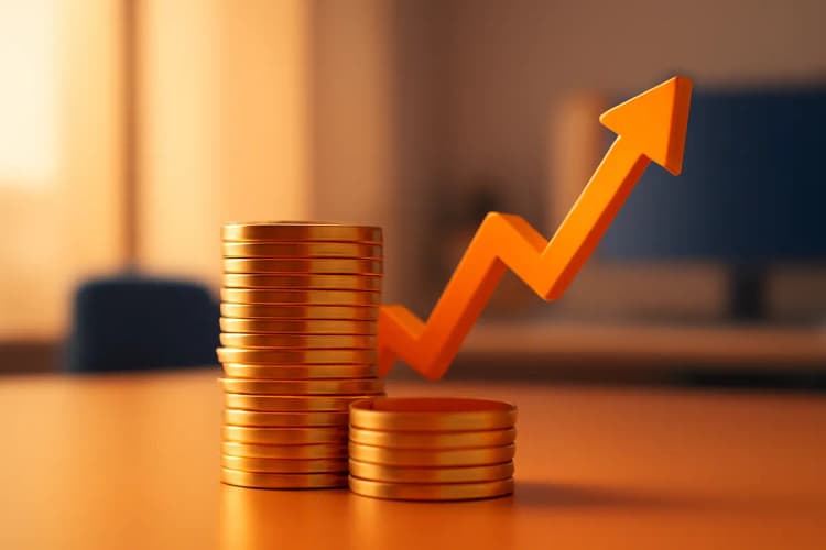 Salário de um especialista em IA: uma pilha de moedas de ouro com um gráfico de crescimento subindo.