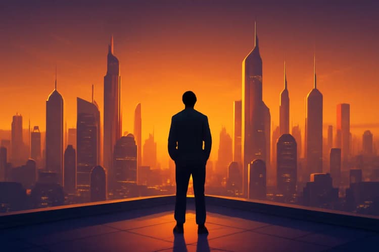 Vale a pena se especializar em IA? Uma pessoa pensativa olhando para um horizonte de cidade futurista.