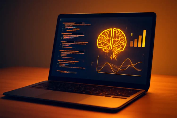 Melhor pós em TI: um laptop aberto exibindo código de programação e gráficos de IA.